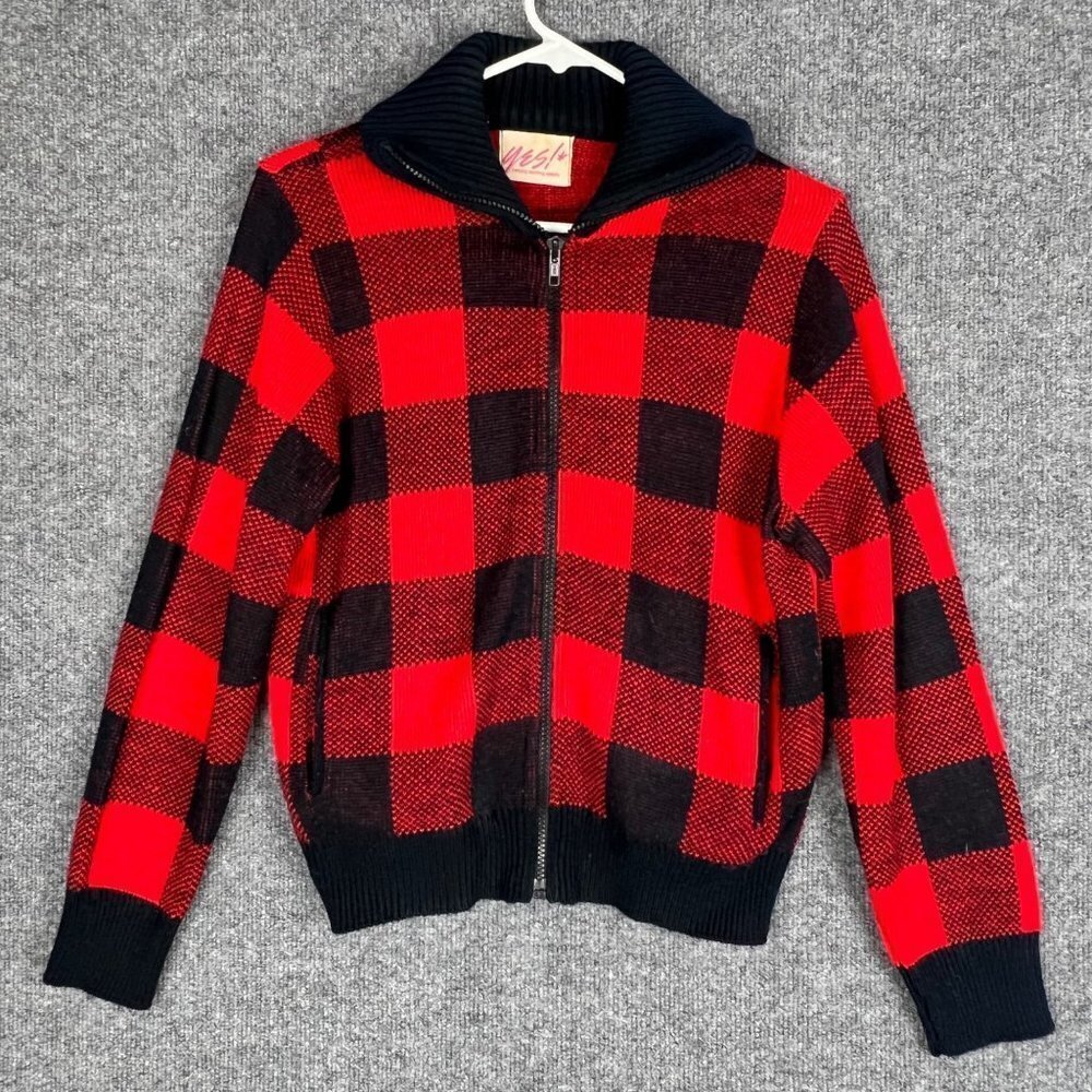 Vintage Yes! Plaid Acrylic Zip Up Women's Sweater buffalo‎ plaid jacket SZ Small